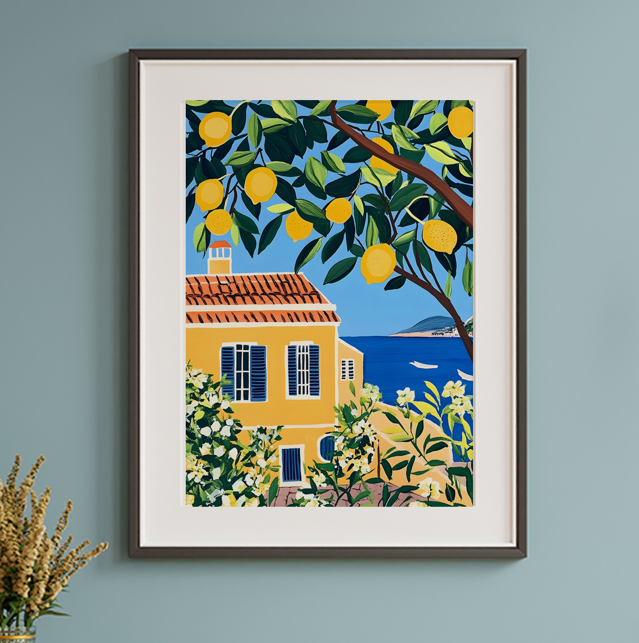 Mediterranean Lemon Tree Print | Coastal Italy Wall Art | Unframed Fruit & Sea View Poster