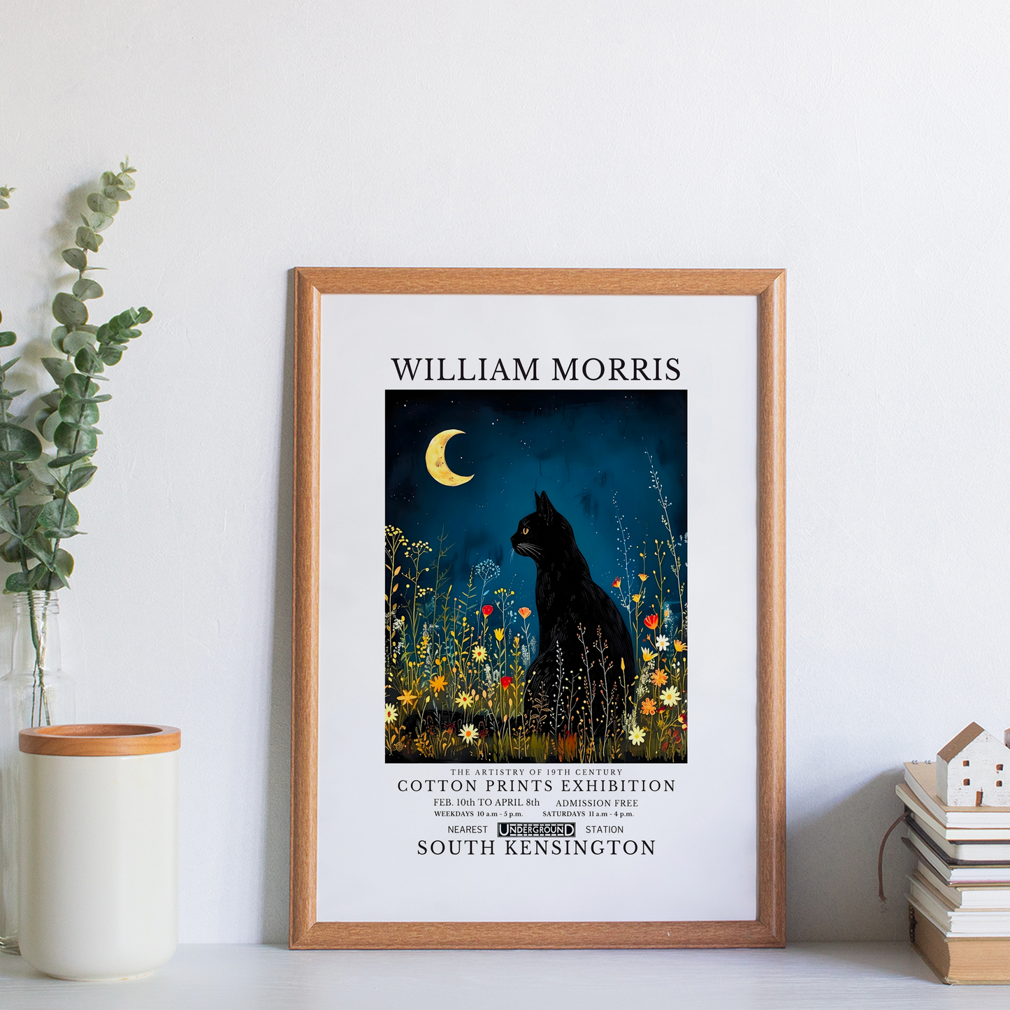 William Morris Inspired Art Print | Black Cat & Moon Gothic Poster | Dark Academia Wall Art