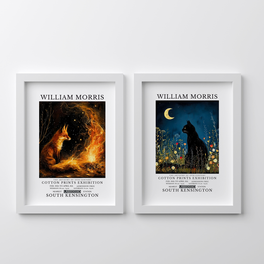 William Morris–Inspired Woodland Night Art Print Set of 2 | Cottagecore Animal Wall Art