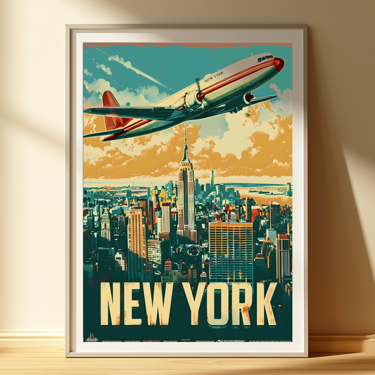 Vintage New York Travel Poster | Retro Cityscape Art Print | Aviation Wall Décor
