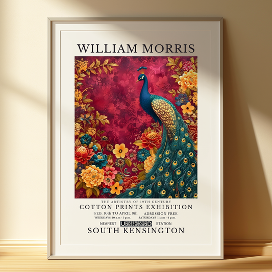 William Morris Inspired Burgundy Peacock Print | Vintage Floral Bird | Cottagecore Wall Art