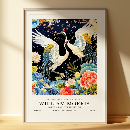 William Morris Inspired Crane Art Print | Floral Birds Wall Art | Unframed | Cottagecore Wall Decor