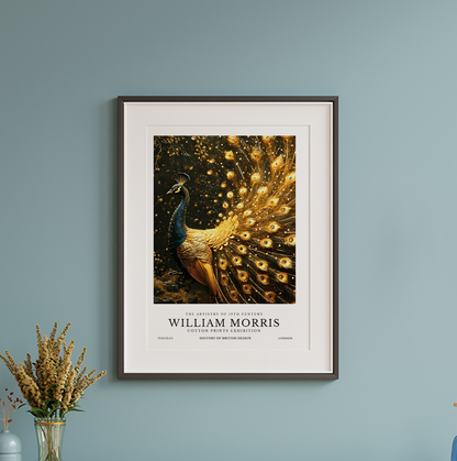 William Morris Inspired Golden Peacock Print Unframed  | Vintage Nouveau Style