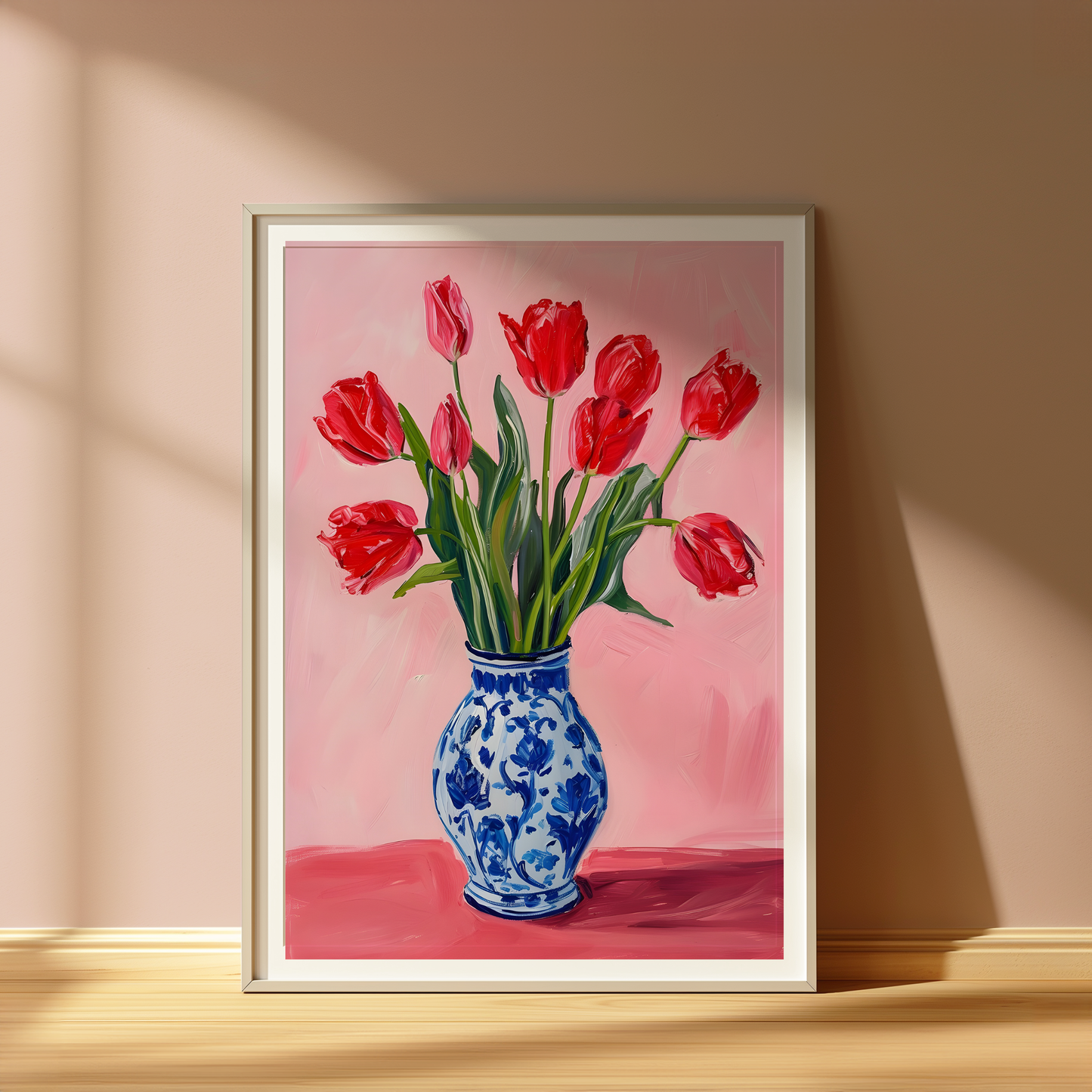 Red Tulip Print – Floral Vase Wall Art – Botanical Poster – Pink & Blue Decor