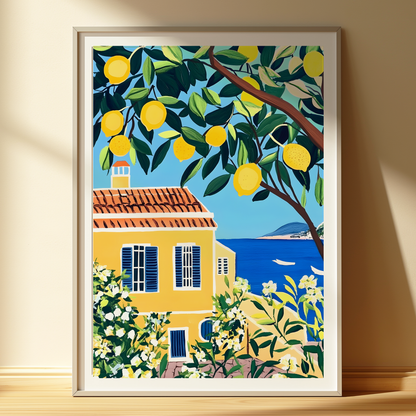 Mediterranean Lemon Tree Print | Coastal Italy Wall Art | Unframed Fruit & Sea View Poster