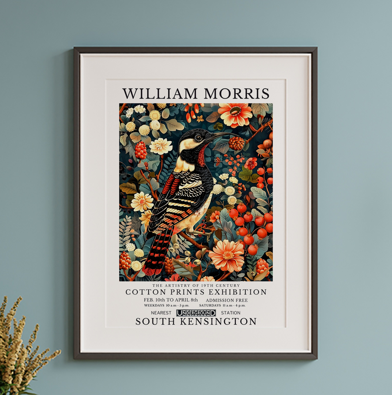 William Morris Style Great Spotted Woodpecker Art Print Botanical Bird Wall Art