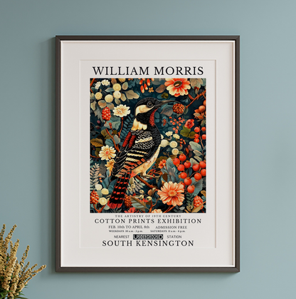 William Morris Style Great Spotted Woodpecker Art Print Botanical Bird Wall Art