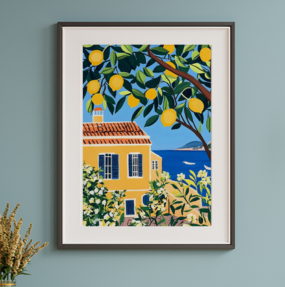 Mediterranean Lemon Tree Print | Coastal Italy Wall Art | Unframed Fruit & Sea View Poster