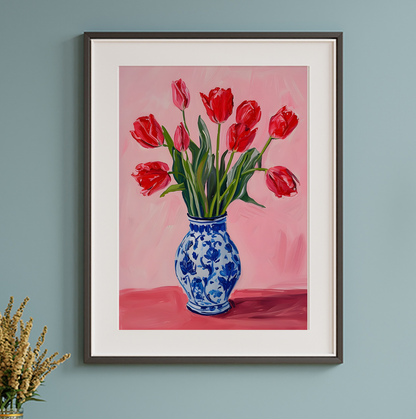Red Tulip Print – Floral Vase Wall Art – Botanical Poster – Pink & Blue Decor