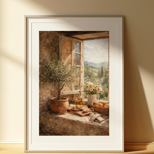 Rustic Countryside Kitchen Print – Mediterranean Window Scene –  Cottagecore Wall Art
