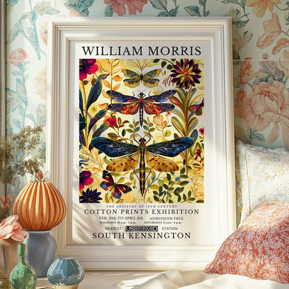 William Morris Style Dragonfly Botanical Art Print | Vintage Floral Wall Art