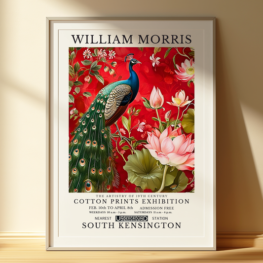 William Morris Inspired Red Peacock Art Print | Cottagecore | Wall Art Home Decor