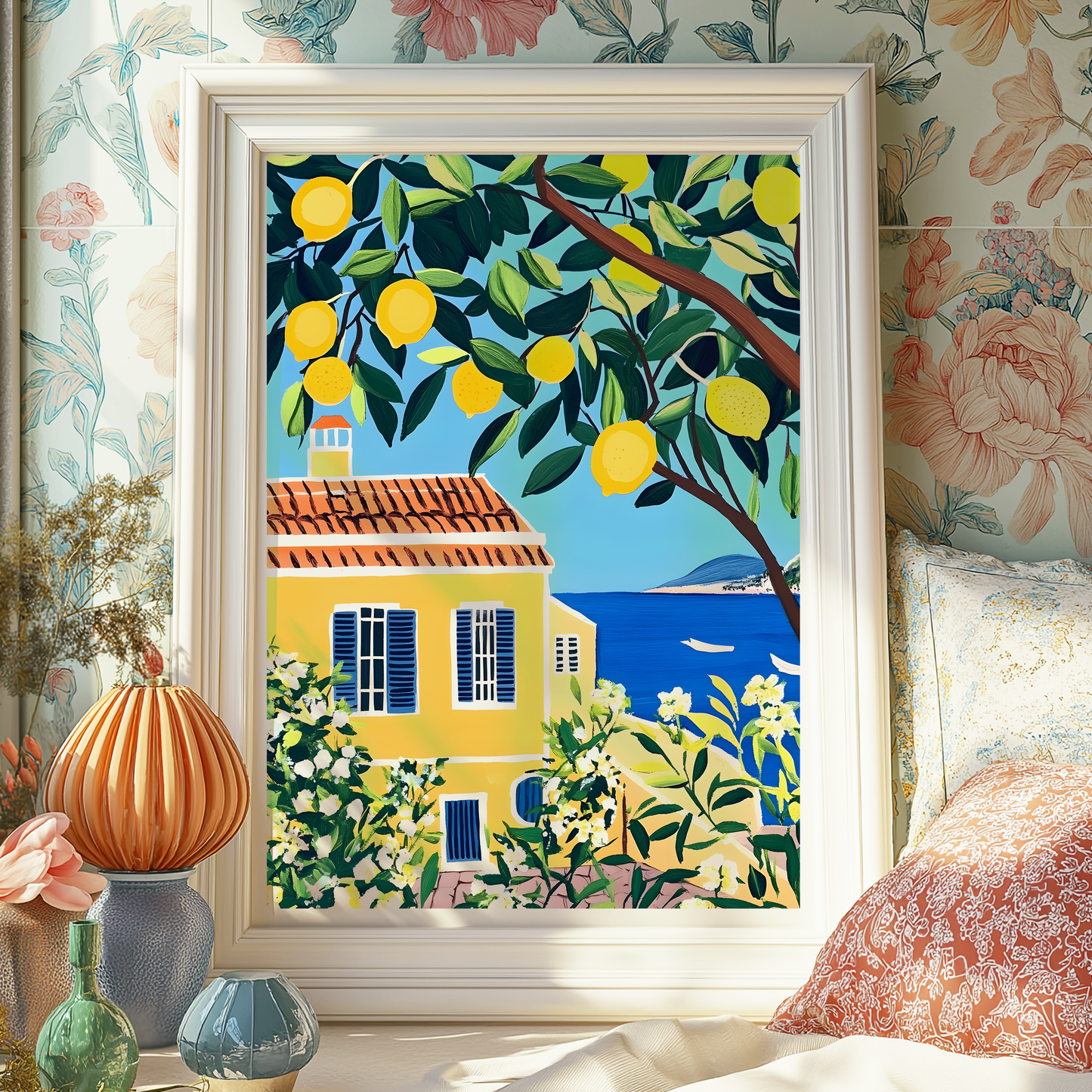 Mediterranean Lemon Tree Print | Coastal Italy Wall Art | Unframed Fruit & Sea View Poster