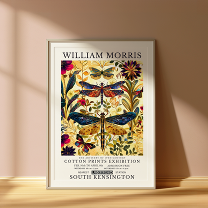 William Morris Style Dragonfly Botanical Art Print | Vintage Floral Wall Art