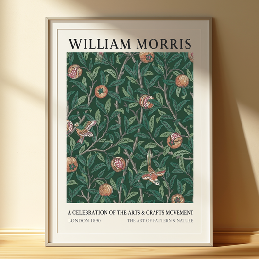 William Morris Inspired Bird & Pomegranate Deep Green Cottagecore Decor