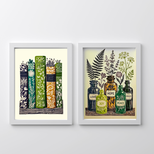 Botanical Book & Apothecary Prints Set of 2 Wall Art Vintage Herb Illustration Cottagecore Decor