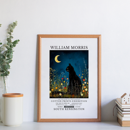 William Morris Inspired Art Print | Black Cat & Moon Gothic Poster | Dark Academia Wall Art