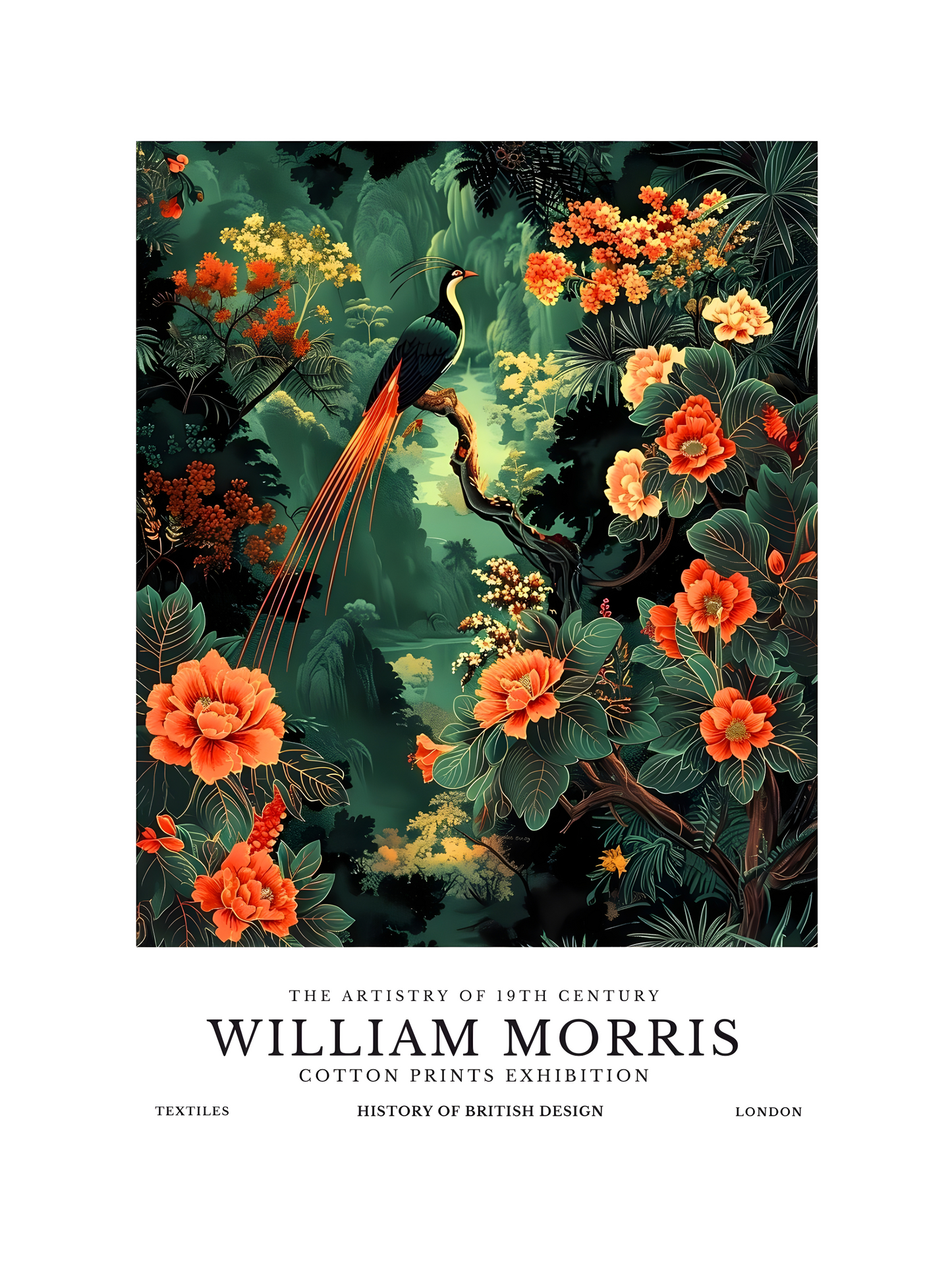 William Morris Inspired Tropical Bird Print | Vintage Botanical Floral Wall Art | Unframed