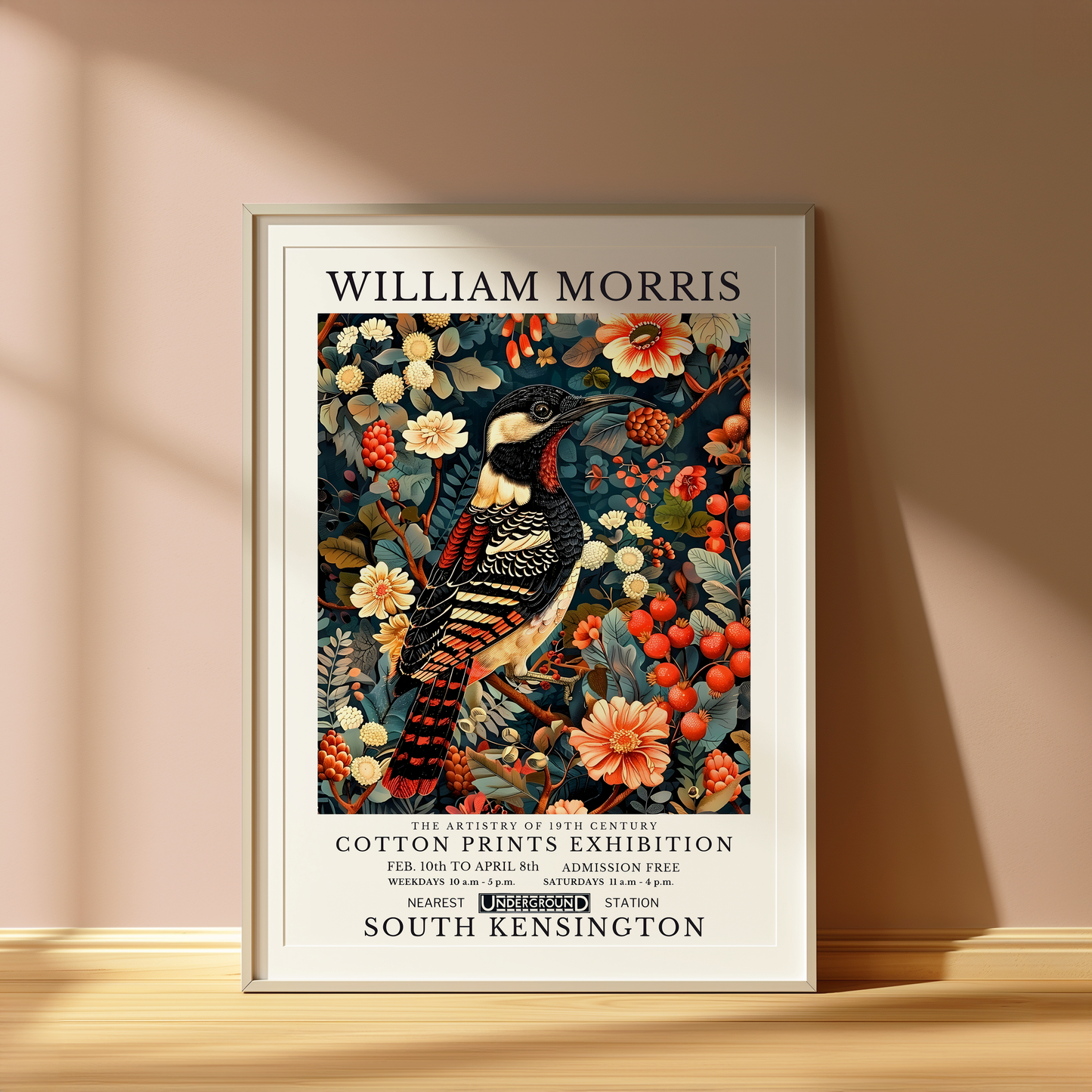 William Morris Style Great Spotted Woodpecker Art Print Botanical Bird Wall Art