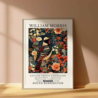 William Morris Style Great Spotted Woodpecker Art Print Botanical Bird Wall Art