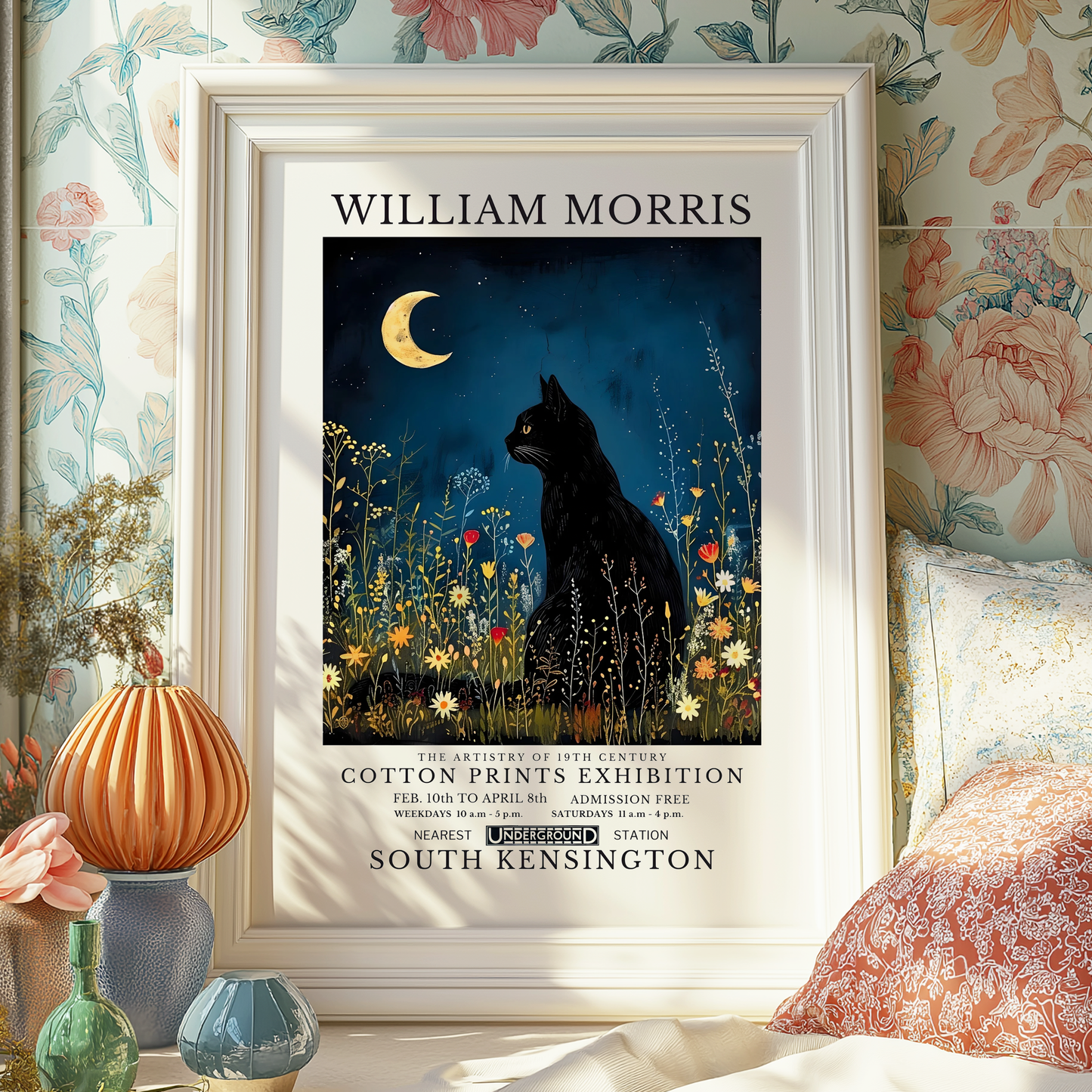 William Morris Inspired Art Print | Black Cat & Moon Gothic Poster | Dark Academia Wall Art