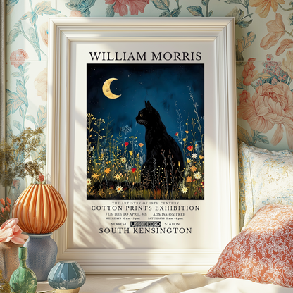 William Morris Inspired Art Print | Black Cat & Moon Gothic Poster | Dark Academia Wall Art