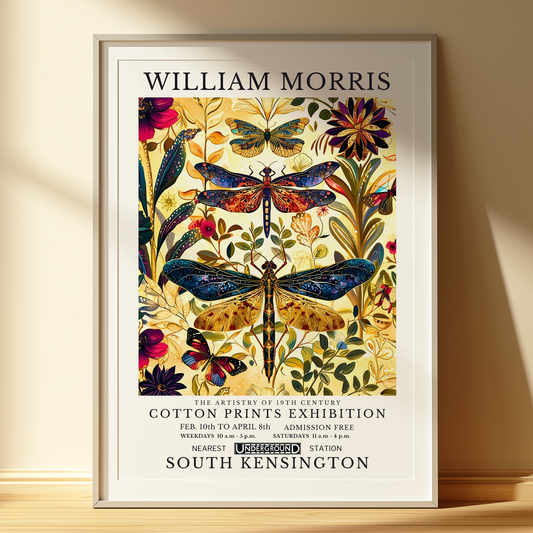 William Morris Style Dragonfly Botanical Art Print | Vintage Floral Wall Art