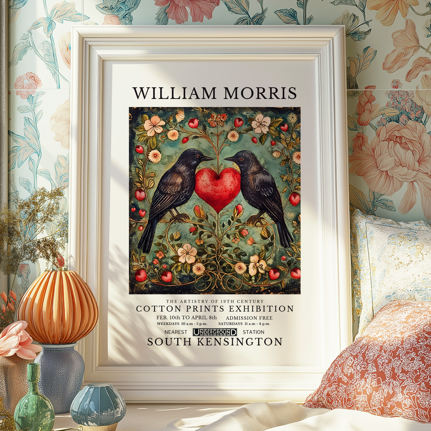 William Morris Inspired Art Print | Romantic Raven & Heart Illustration | Vintage-Inspired Poster
