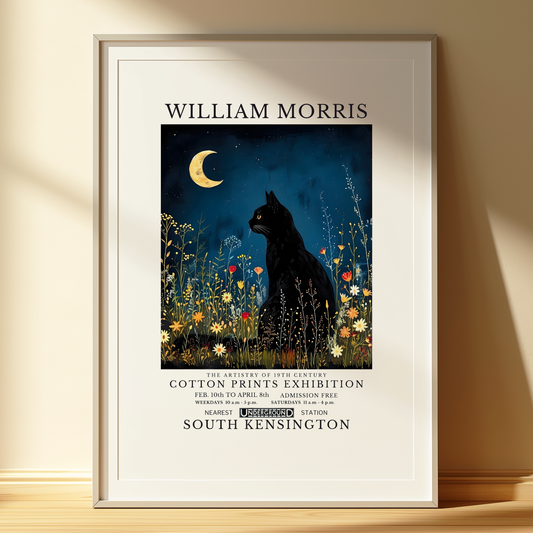 William Morris Inspired Art Print | Black Cat & Moon Gothic Poster | Dark Academia Wall Art