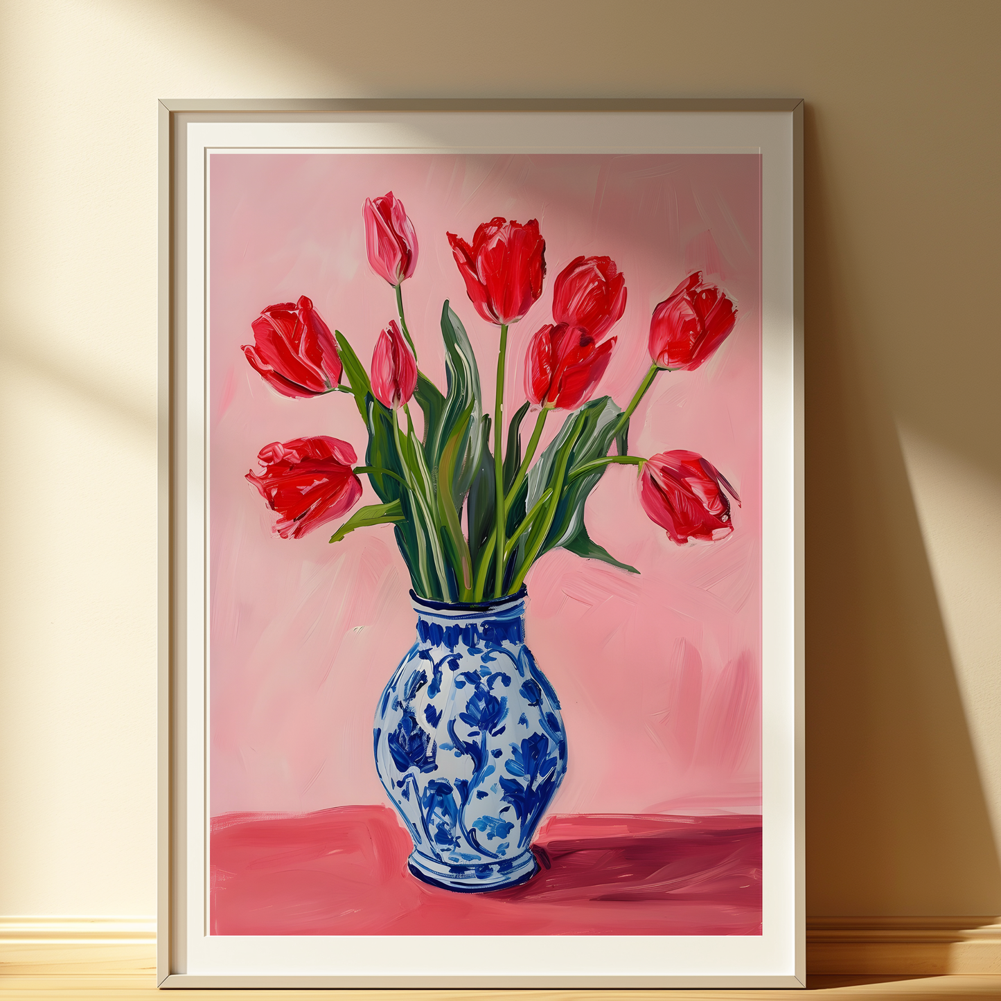 Red Tulip Print – Floral Vase Wall Art – Botanical Poster – Pink & Blue Decor