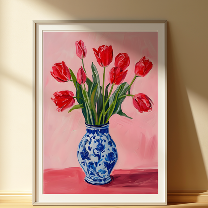 Red Tulip Print – Floral Vase Wall Art – Botanical Poster – Pink & Blue Decor