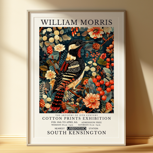 William Morris Style Great Spotted Woodpecker Art Print Botanical Bird Wall Art