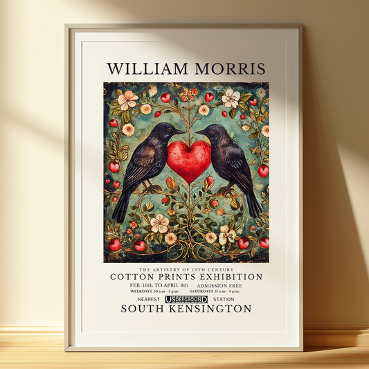 William Morris Inspired Art Print | Romantic Raven & Heart Illustration | Vintage-Inspired Poster