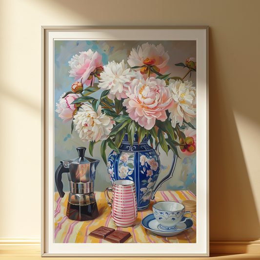Peony Still Life Print – Floral Vase Wall Art – Kitchen & Cottage Decor