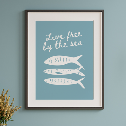 Live Free by the Sea Print | Coastal Wall Art | Nautical Fish Poster | Beach House Decor