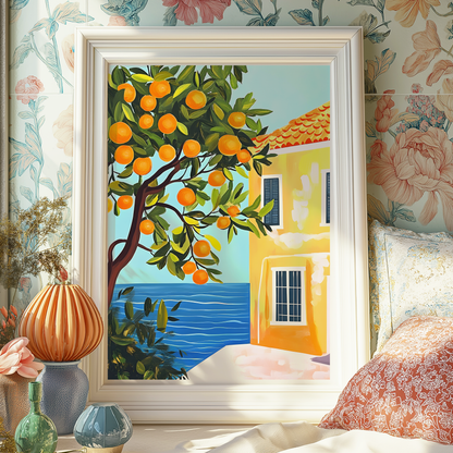 Mediterranean Orange Tree Art Print | Coastal Italy Wall Art | Unframed Poster