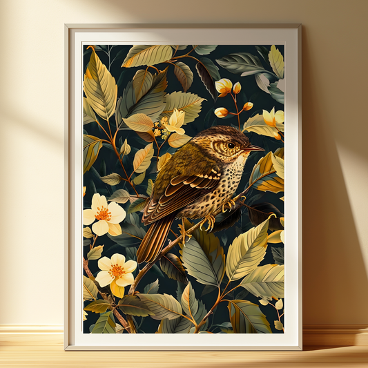 Song Thrush Botanical Art Print | Cottagecore Woodland Wall Art
