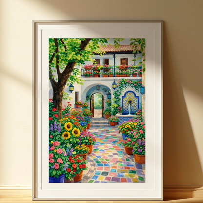 Mediterranean Courtyard Print – Colourful Garden Wall Art 
| Unframed Poster
