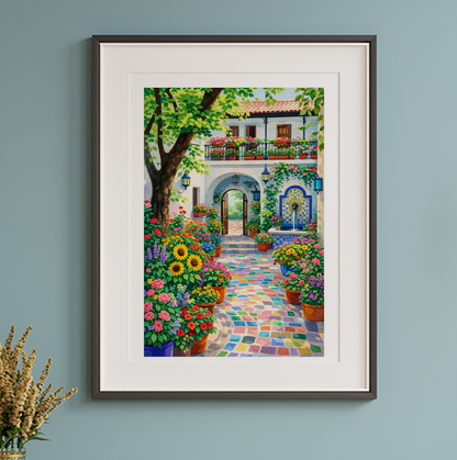 Mediterranean Courtyard Print – Colourful Garden Wall Art 
| Unframed Poster