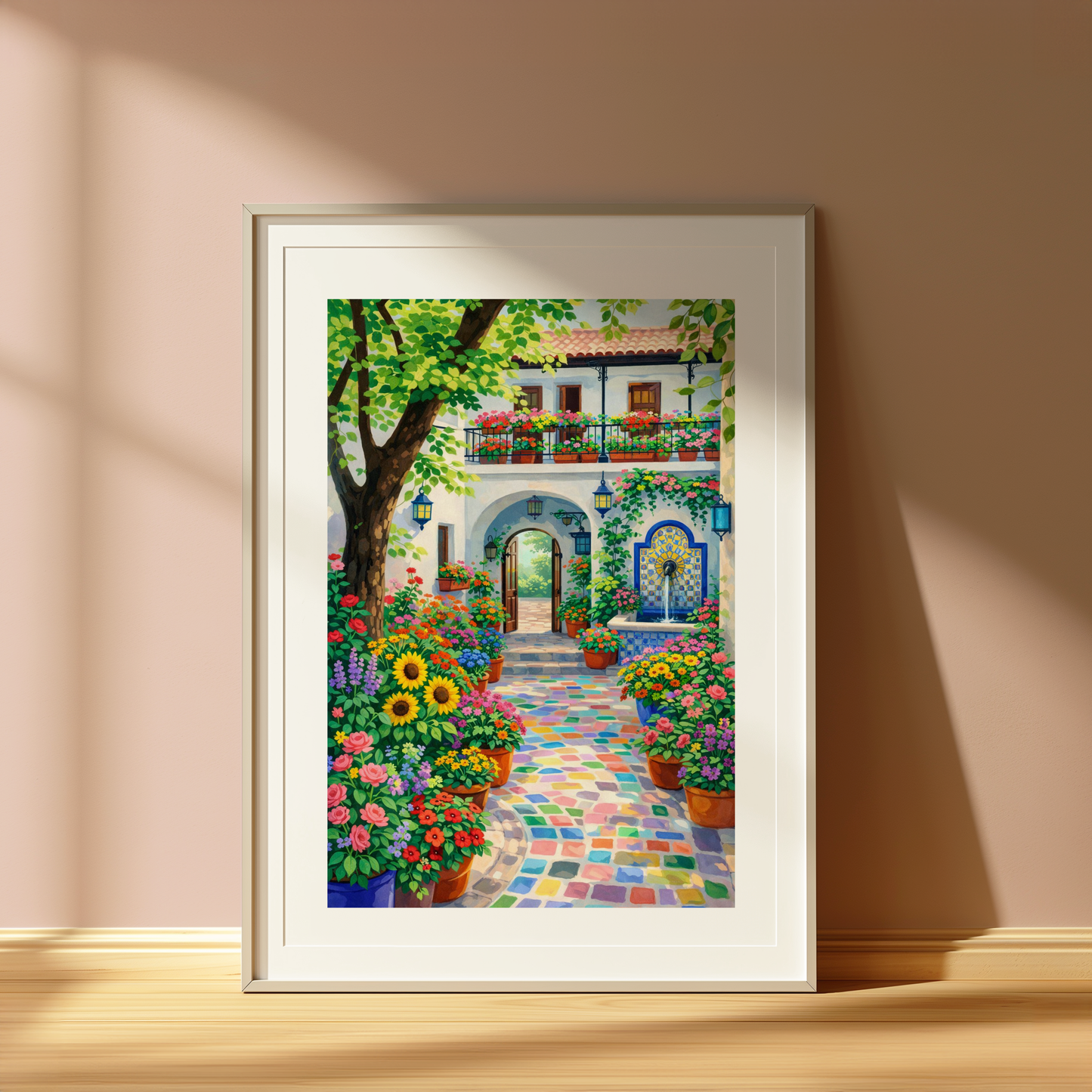 Mediterranean Courtyard Print – Colourful Garden Wall Art 
| Unframed Poster