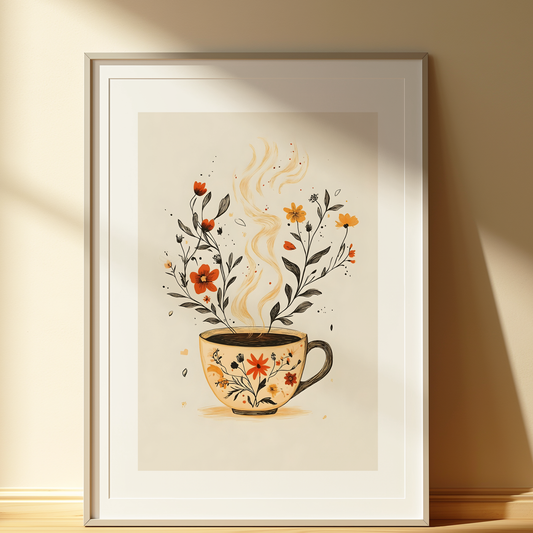 Floral Coffee Cup Print | Cosy Kitchen Wall Art | Unframed Cottagecore Poster