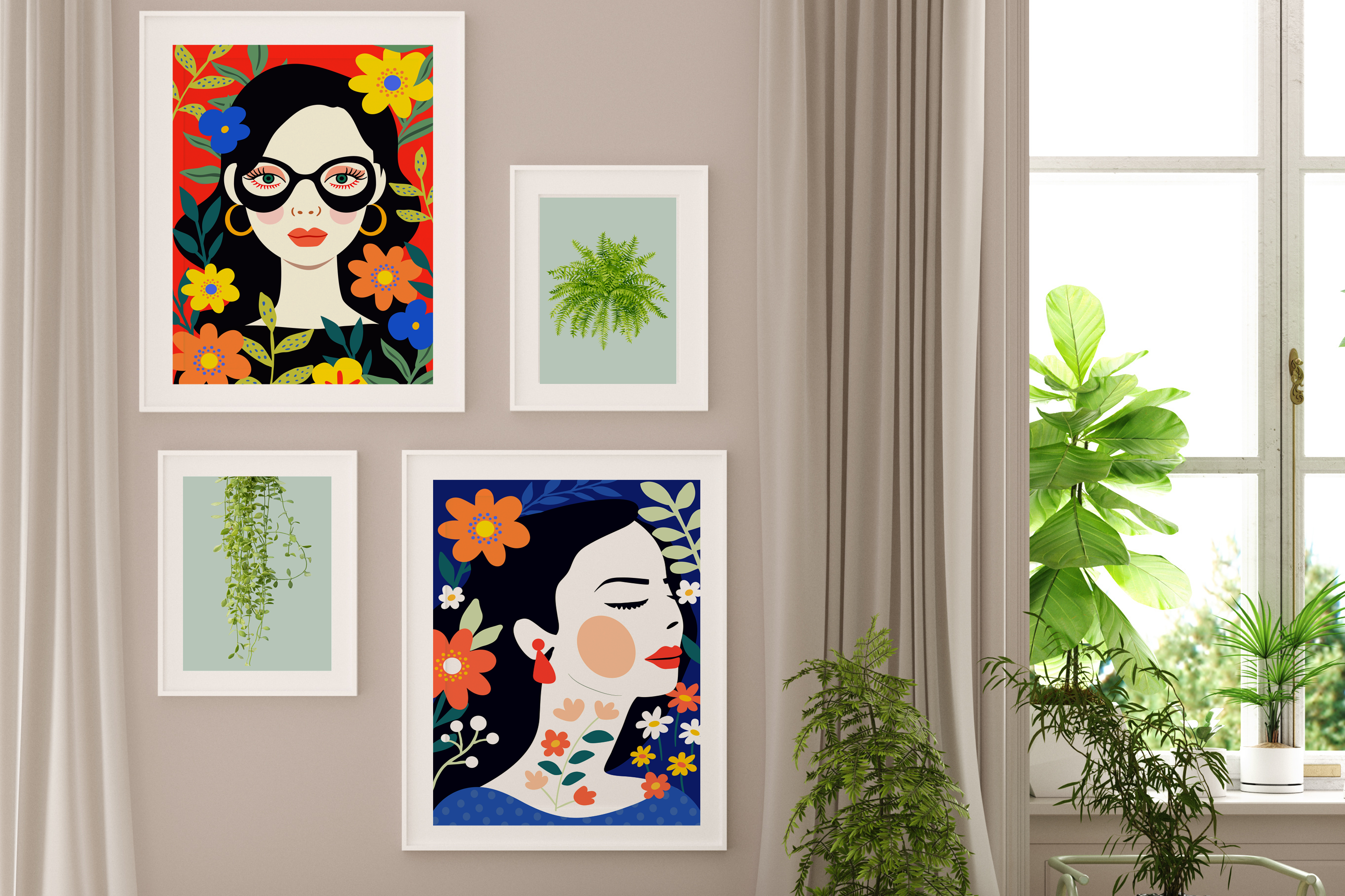 Decorative wall art in a room with plants and a bench.